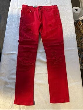 Red Distressed Moto Jeans